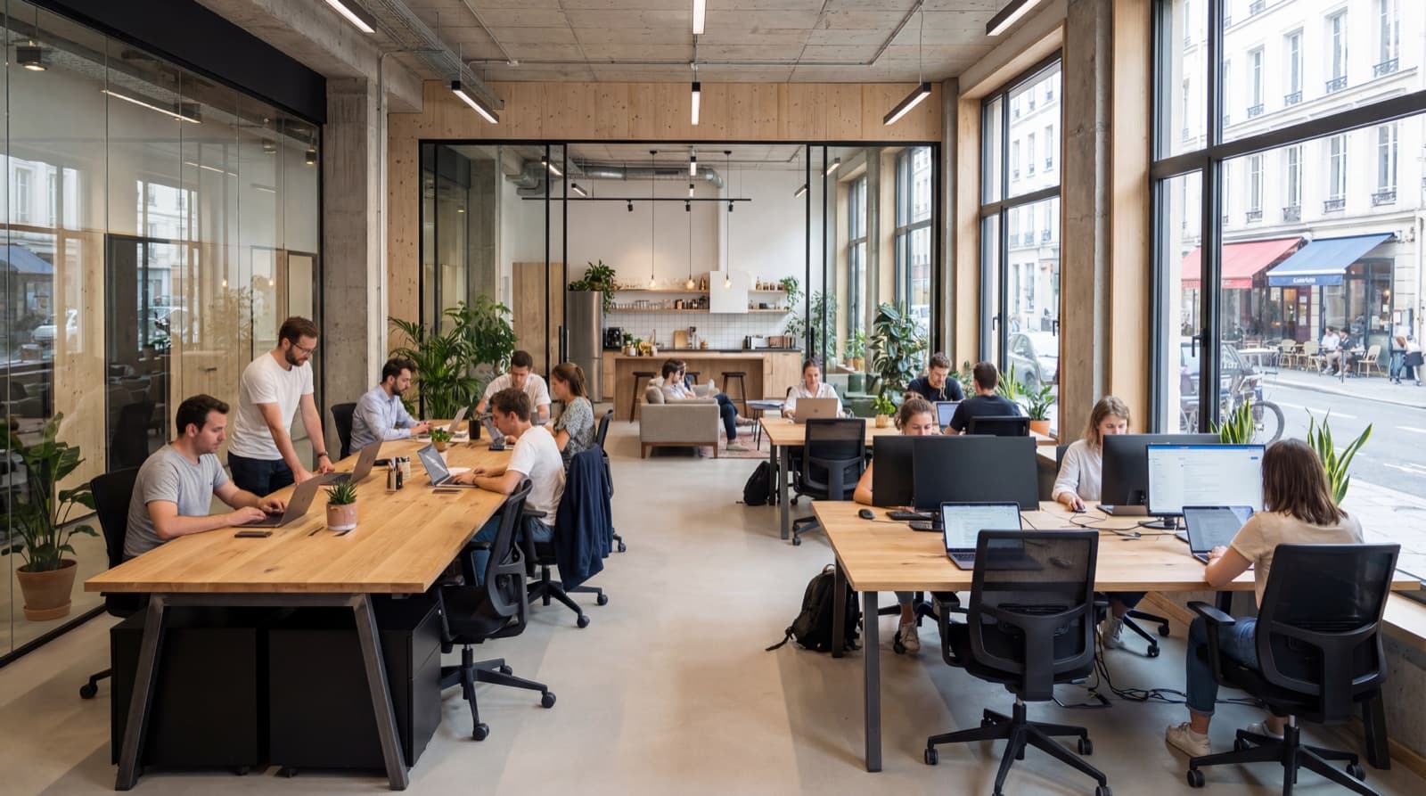 Modernes Open-Space-Büro mit Personen an Holztischen